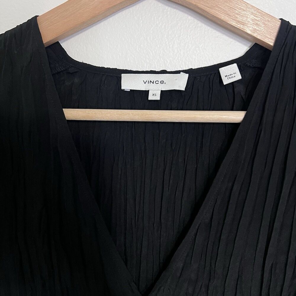 Vince Crushed Silk Black Midi Dress XS V Neck Pleated Minimalist Quiet Luxury - Picture 4 of 11